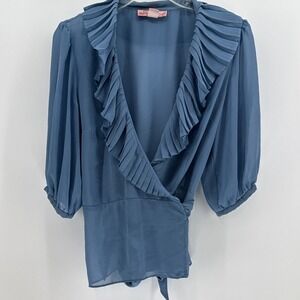 Bandolino Womens Shirt Size 10 Blue Sheer Wrap Around Cross Over 3/4 Sleeve